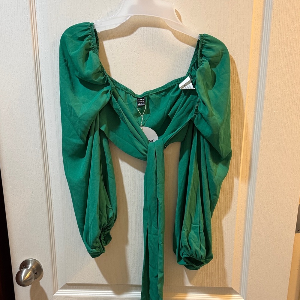 SHEIN Tie Front Green Puff Sleeve Blouse
